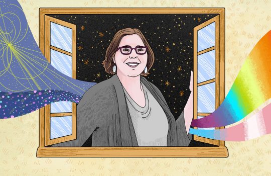 A woman opens a window from the outside and faces in. She has a brown bob and is wearing dark rectangualr glasses and light-colored earrings. In the background behind her, a starry sky. Waves come out from behind her and enter into the room. On the left, a purple, space-like wave. On the right a rainbow wave and a wave that has stripes the colors of the trans flag, blue, pink and white.