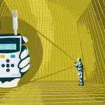 An illustration. I person stands inside a giant, hollow gold cube and sends a signal using a device to another device on the left side of the screen that is close up and held in a hand. The close-up device says "counting" and has some numbers. In the bottom right-hand corner, it says LBNF/DUNE.