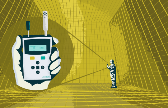 An illustration. I person stands inside a giant, hollow gold cube and sends a signal using a device to another device on the left side of the screen that is close up and held in a hand. The close-up device says "counting" and has some numbers. In the bottom right-hand corner, it says LBNF/DUNE.