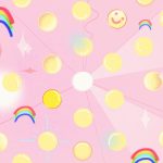 An illustration of lots of yellow dots on a light pink background. Some have rainbows or smiley faces on them. One has lines coming out it that make it look star-like. One dot is shiny and red. In the center, there is a white dot. Some glare appears to emanate from the white dot.