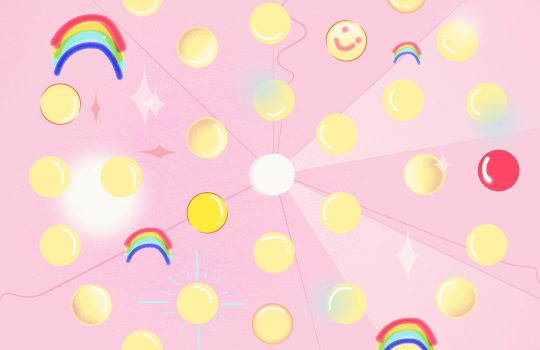 An illustration of lots of yellow dots on a light pink background. Some have rainbows or smiley faces on them. One has lines coming out it that make it look star-like. One dot is shiny and red. In the center, there is a white dot. Some glare appears to emanate from the white dot.