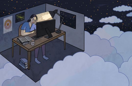 An illustration of a woman with dark hair head in hand, falling asleep at a desk in front of a computer monitor. A desk lamp signs on her. Her room has two walls missing and floats in the nightsky in a cloud.