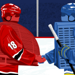 Two hockey players that resemble rock-em-sock-em robot toys shake hands on a rink. The one on the left is red and has a dome for a torso with the number 18 on the sleeve. On the right, the player is blue, with Fermilab's Wilson Hall as the torso and 87 on the sleeve. It holds a hockey stick.