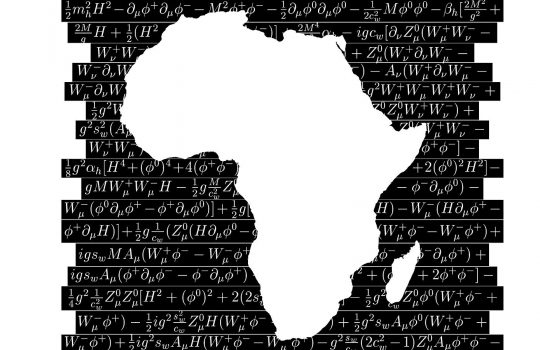 The silhouette of Africa cut out in white against a black background of equations