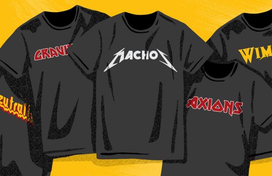 An illustration of T-shirts that look like metal rock tees with logos resembling Metallica's, Iron Maiden's, and so on, except the text reads MACHOs, axions, WIMPS and so on.