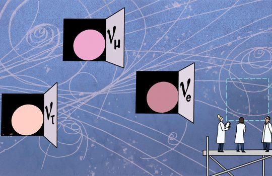 Cartoon of three balls in different shades of pink popping out of doors marked for the three different kinds of neutrinos: tau, muon and electron. To the right of them, three tiny scientists in white lab coats on scaffolding.