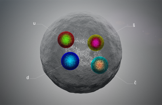 Rendering of a large gray sphere with four multi-colored spheres inside labeled u, d, s̄ and c̄, respectively.