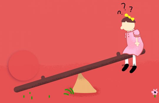 Illustration of a kid in a dress on the high end of a seesaw, and a red ball on the low end.