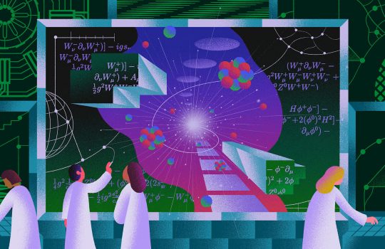 Illustration of four scientists in white lab coats, two of whom are typing, two of whom are looking at and drawing on a screen with equations and 3D images.