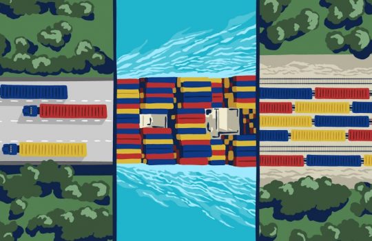 Illustration divided into three columns, each depicting a method of transporting cargo: truck, ship, and train