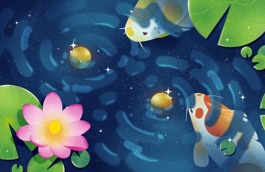 A pond with lilly pads, flowers, and two koi examining a pair of sparkling gold orbs