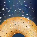 Illustration of half a bagel with a cascade of icons representing multiple different objects and ideas landing on it from above