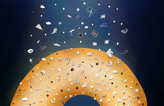 Illustration of half a bagel with a cascade of icons representing multiple different objects and ideas landing on it from above