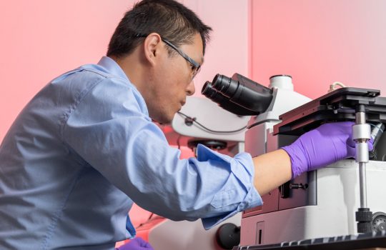 A man looks into a microscope