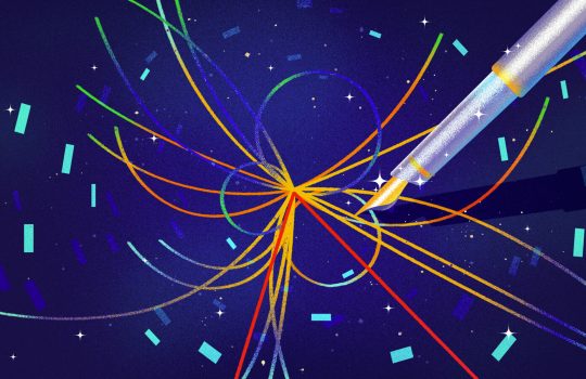 Illustration of a fountain pen weaving colorful threads into a starry sky