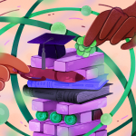 Colorful illustration of a block-stacking game with academic items mixed in with the blocks