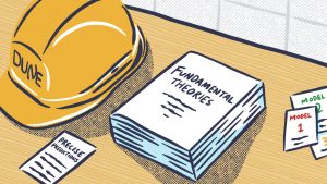 Illustration of a yellow hard hat and a book titled Fundamental Theories on a table.