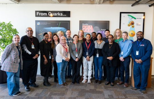 Left to right: Anahi Ruiz Beltran, Martin Bentivengo, Jemila Adetunji, Norman Ho, Griselda Lopez, Aisha Ibrahim, Jean Reising, Minerba Betancourt, Pete Cholewinski, Erica Snyder, Biswaranjan Behera, Chandler Lawrence, Alpana Shenai, Miguel Gutierrez, Sandra Charles, Jennifer Gondorchin, Genfa Wu, and Dr. Terrell Odom of University of Chicago at the EDIA Awards ceremony held in March at Fermilab. Photo: Dan Svaboda, Fermilab