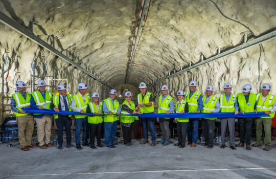 A ribbon-cutting event is held inside a cavern at Sanford Underground Research Facility in Lead, S.D. on Thursday, August 15, 2024.