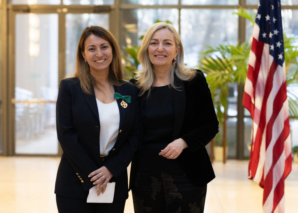 Anna Grassellino, left, is honored on Feb. 13 in Washington, D.C. by the Ambassador of Italy to the United States, H.E. Mariangela Zappia, right, who presented to Grassellino the Knight of the Order of Merit of the Italian Republic. Credit: Antonella Ciancio, Embassy of Italy