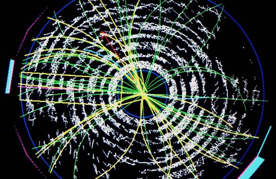 Events displayed on a screen in 1994 from the CDF collaboration at Fermilab show possible top quark candidates. Credit: Reidar Hahn, Fermilab