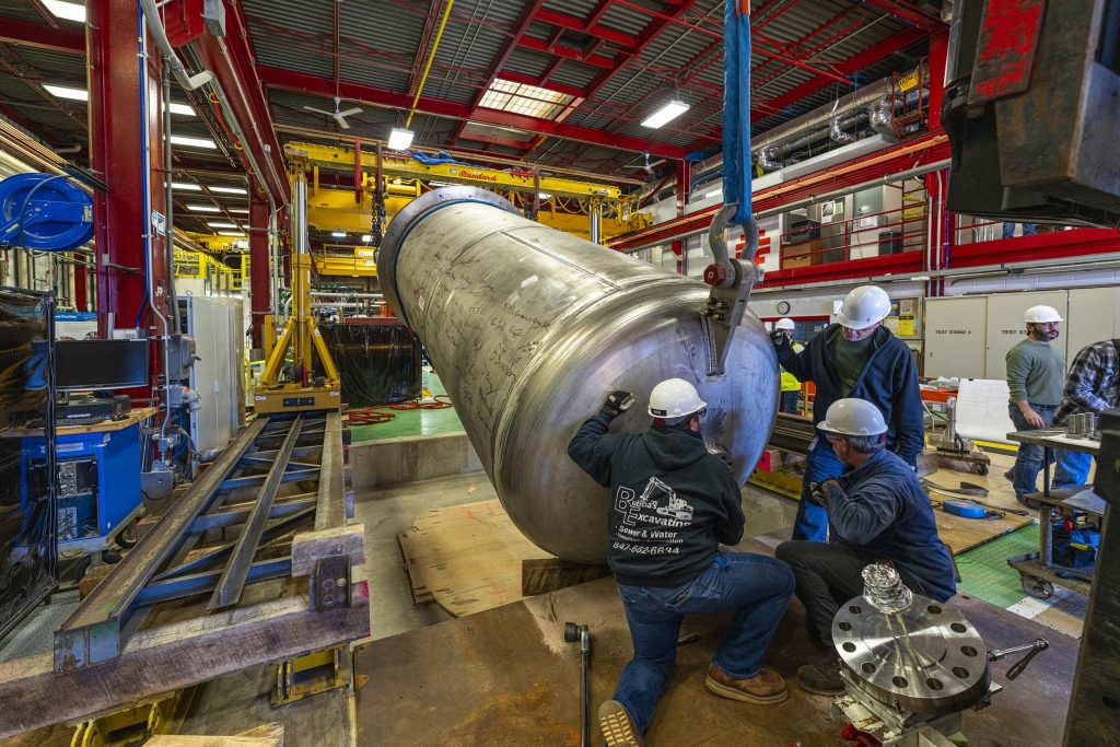 The MAGNES cryomodule is installed at the High Field Vertical Magnetic Test Facility. Credit: Ryan Postel, Fermilab