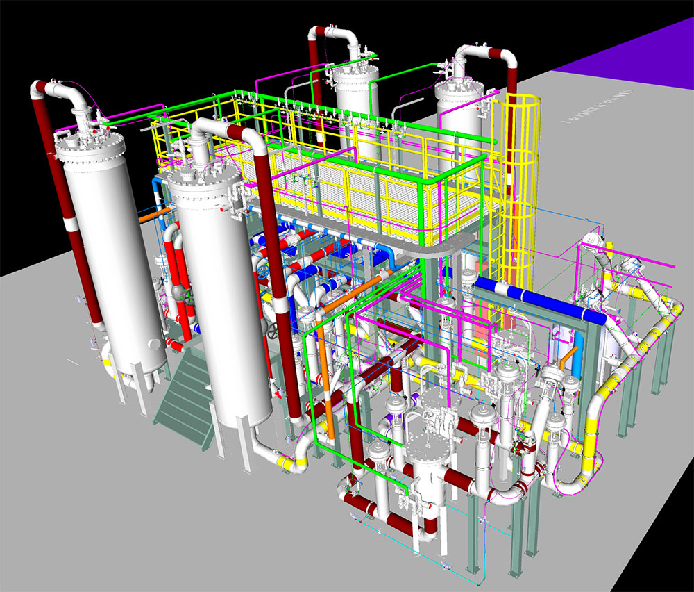 This graphic shows a 3D representation of the liquid argon purification system designed for the DUNE far detector cryostat. Housed in a utility cavern located between the cryostats, the large tanks represent the liquid argon purification vessels, the smaller tanks serve as particulate filters, and the narrow, vertical blue cylinder functions as a purity monitor. Credit: IKC Brazil UNICAMP/Akaer