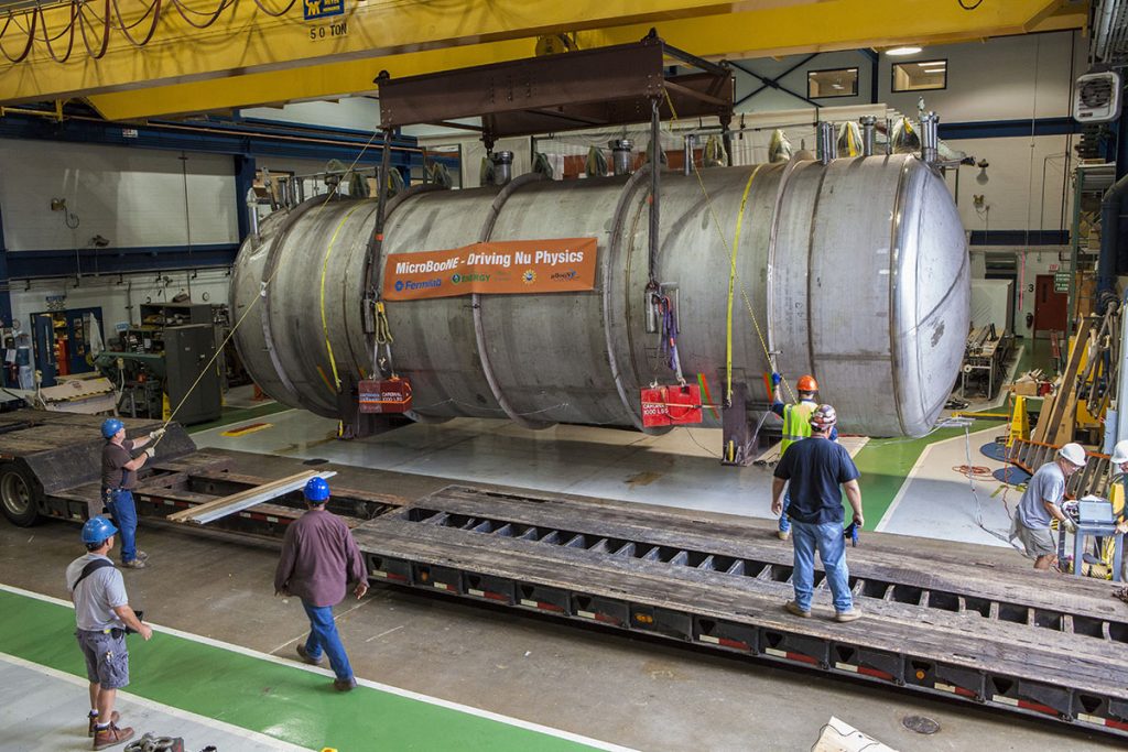 The MicroBooNE detector was carefully transported by truck across Fermilab to the experiment hall in 2014. Credit: Cindy Arnold, Fermilab