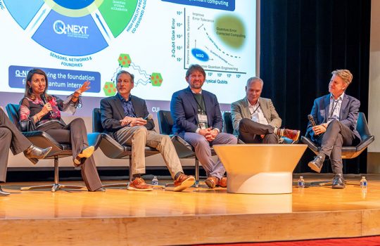 Directors of the five DOE National Quantum Information Science Research Centers participate in a panel discussion in Ramsey Auditorium at Fermilab on Thursday, Dec. 4. Left to right are: Anna Grassellino of the Superconducting Quantum Materials and Systems Center, Martin Holt of the Q-NEXT Center, Travis Humble of the Quantum Science Center, Bert De Jong of the Quantum Systems Accelerator Center, and Charles Black of the Co-design for Quantum Advantage Center.