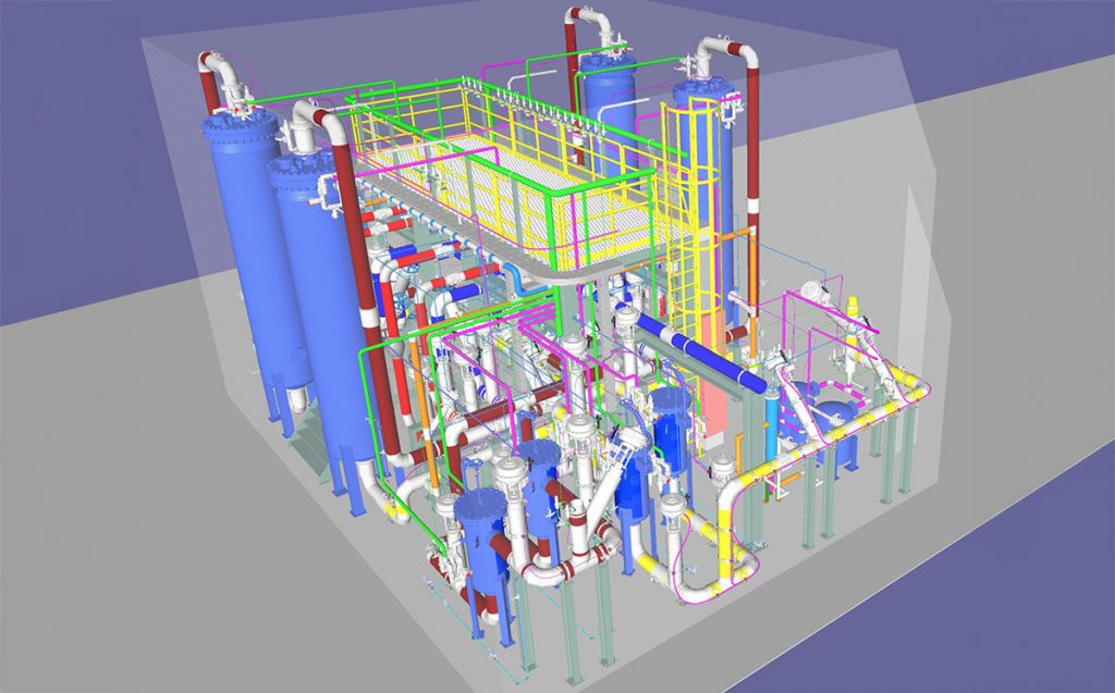 “A 3D model of the liquid argon purification system designed for the DUNE far detector cryostat. Housed in a utility cavern located between the cryostats, the large tanks represent the liquid argon purification vessels, the smaller tanks serve as particulate filters, and the narrow, vertical blue cylinder functions as a purity monitor.
Credit: IKC Brazil Unicamp/Akaer“