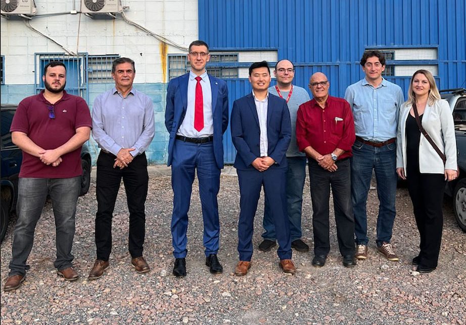 LBNF/DUNE cryogenics team members David Montanari, third from left, Zachery West, fourth from left, and Roza Doubnik, right, in collaboration with UNICAMP, Akaer/Equatorial, and CNPEM representatives, meet with a potential cryogenics piping vendor in Brazil in 2024. Credit: Fermilab