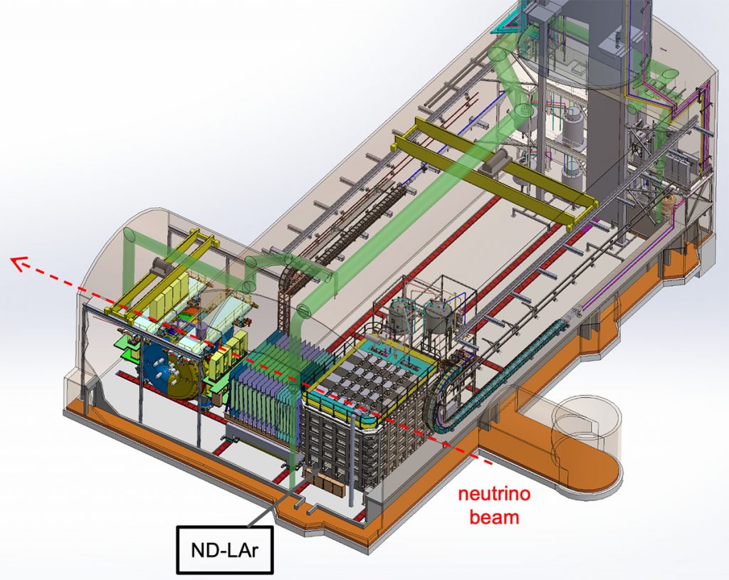 This graphic shows the engineering design model of the underground DUNE near detector hall. The neutrino beam enters from the right. The liquid-argon time projection chamber (labeled ND-LAr) is the first to encounter the neutrino beam. Directly behind it sits the muon spectrometer, shown in blue and green. Both can move off the beam axis (toward the upper right) to sample different neutrino energies. The third component, the beam monitor at the farthest end of the hall, depicted in yellow and blue, stays in place on axis in the beam. Credit: DUNE Collaboration