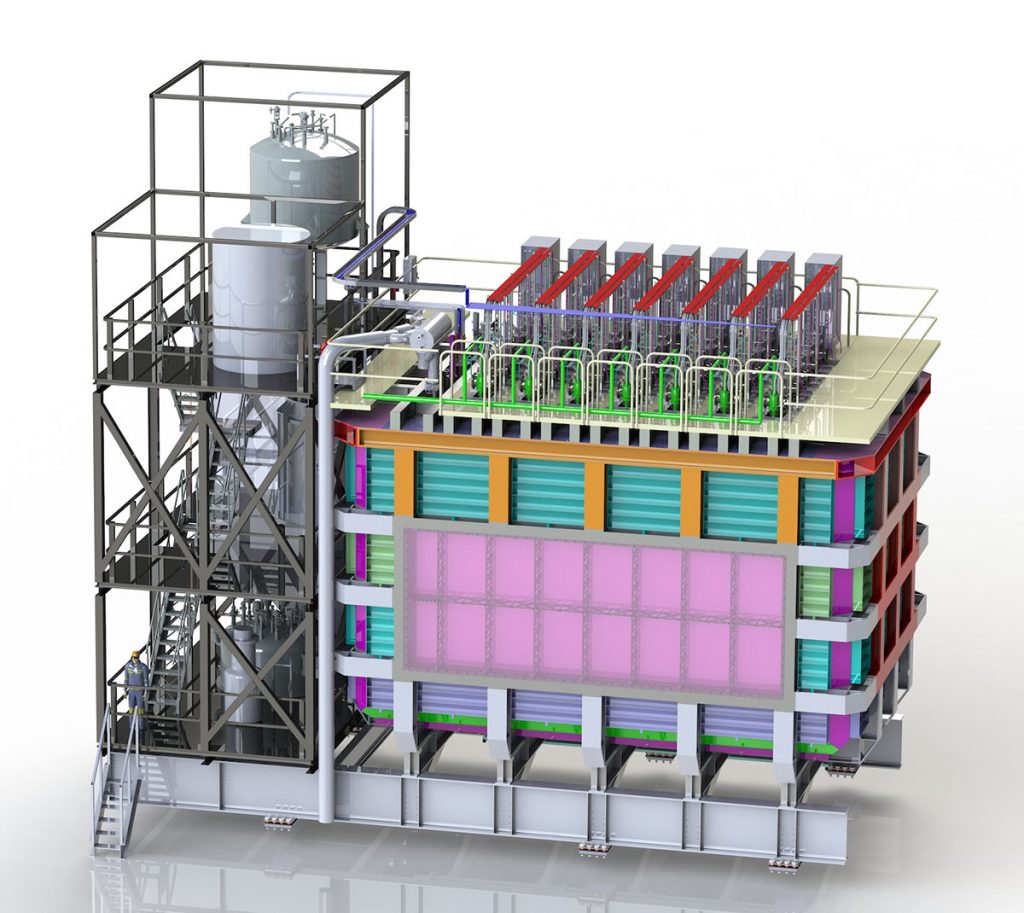 An engineering design model of the near detector’s liquid-argon time-projection chamber. The detector includes seven rows each of five LArTPC modules housed inside a single cryostat. Credit: DUNE Collaboration