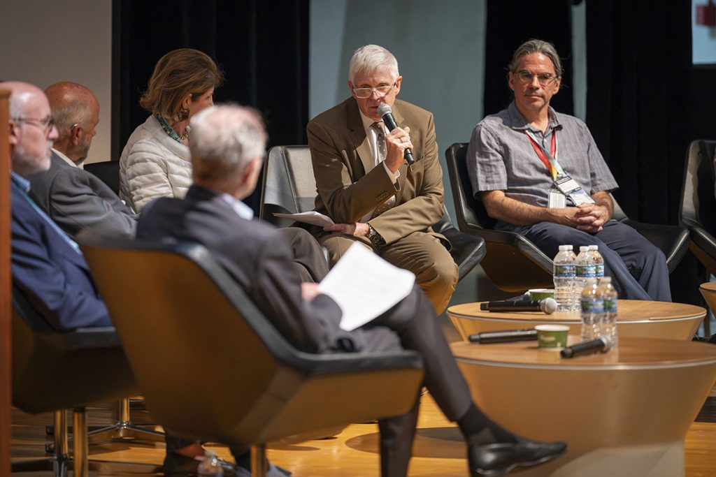 Director of Fermilab Norbert Holtkamp, second from right, speaks during a panel discussion held on the final of day of 2026 DPF at Fermilab. Credit: JJ Starr