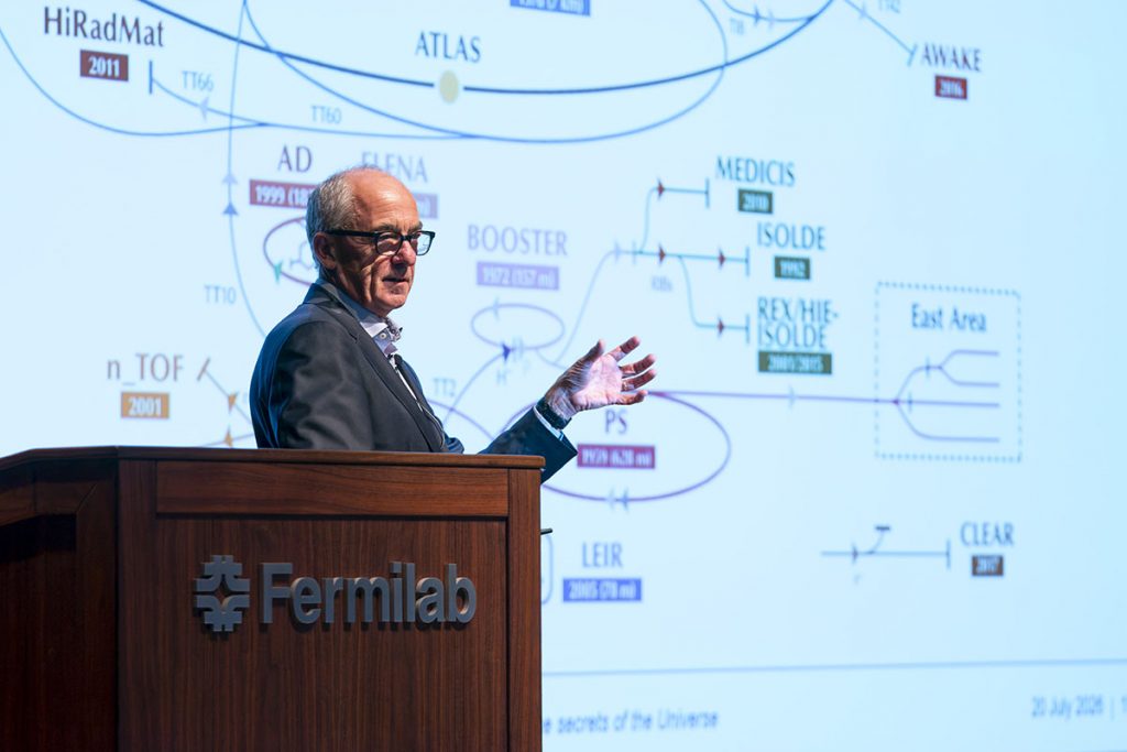 Mark Thomson, director-general of CERN, delivers a public lecture in Ramsey Auditorium at Fermilab during DPF 2026. Credit: Keith French, Fermilab