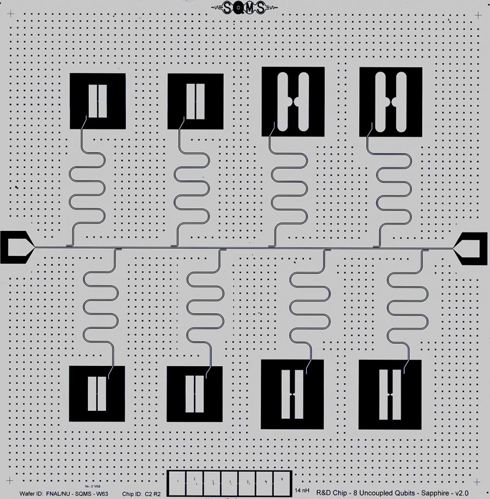 This superconducting transmon chip is 7.5mm x 7.5mm and contains eight qubits. SQMS researchers fabricate these chips at the Pritzker Nanofabrication Facility at the University of Chicago. Credit: SQMS Center, Fermilab.
