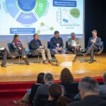 The five directors of the National Quantum Information Science Research Centers participated in a panel discussion moderated by Bindu Nair during "Exploring the Quantum Universe," in 2025. From left to right are Bindu Nair, Anna Grassellino, Martin Holt, Travis Humble, Bert de Jong and Chuck Black. Credit JJ Starr, Fermilab