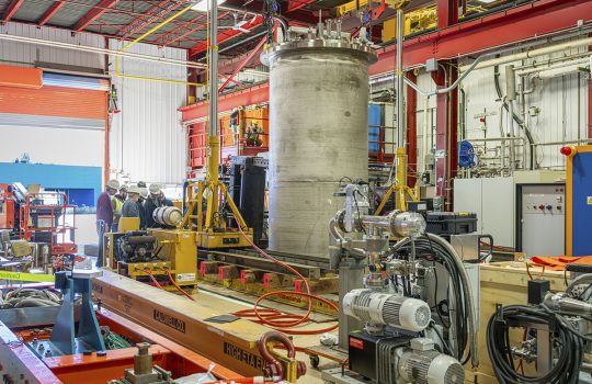 The MAGNES cryomodule was installed at the High Field Vertical Magnetic Test Facility on November 3, 2025. Credit: JJ Starr, Fermilab