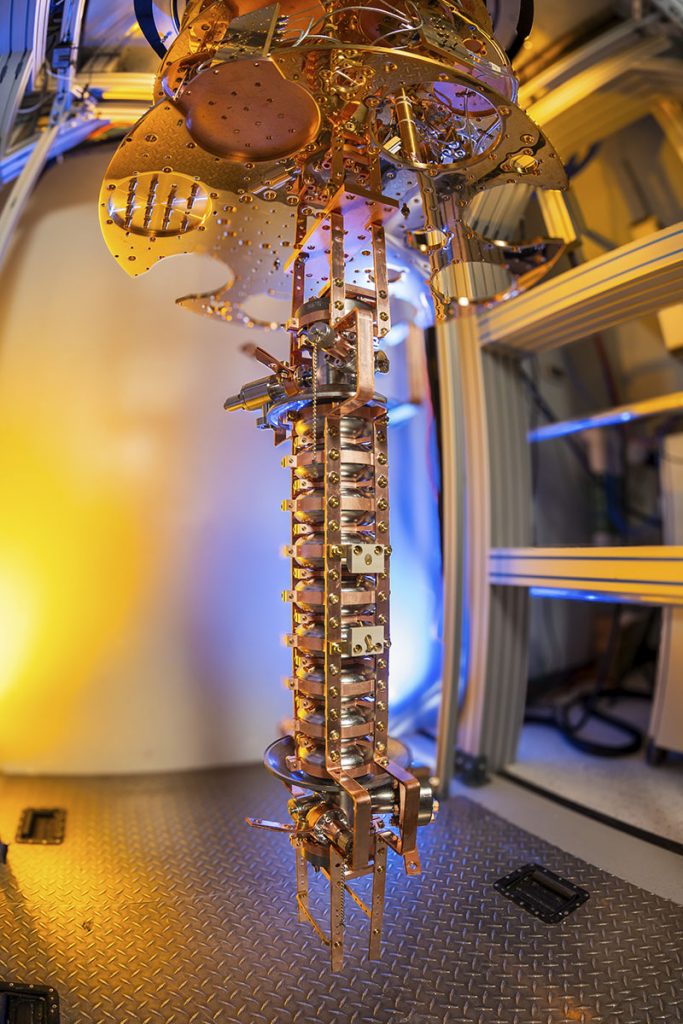The SQMS multiqudit QPU prototype exploits 3D SRF cavities held at millikelvin temperatures. Credit: Ryan Postel, Fermilab
