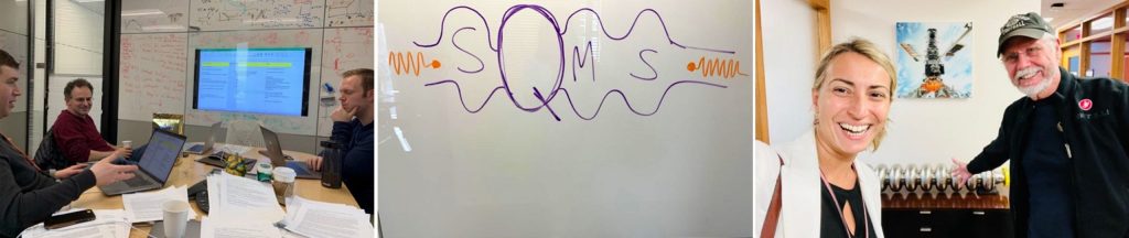 From left to right: A war room session with Alexander Romanenko, Roni Harnik and Eric Holland working on the vision and goals of the SQMS Center; the first draft of the SQMS logo, whose modern design remains true to the original concept; and Anna Grassellino and Jim Sauls standing before a nine‑cell SRF cavity, one of the foundational technologies behind SQMS. Credit: SQMS.