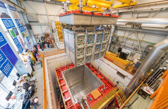 The Short-Baseline Near Detector, shown here in 2024, is the newest liquid-argon neutrino detector at the U.S. Department of Energy’s Fermi National Accelerator Laboratory. Ryan Postel, Fermilab