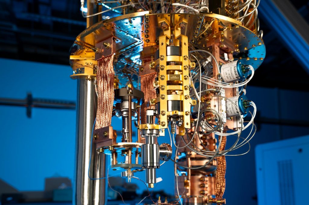 A dilution refrigerator in the SQMS Center’s Quantum Garage at Fermilab. Quantum sensing states and entanglement structures experiments will be performed at SQMS to characterize much larger quantum states while helping scientists distinguish faint physical signals from noise and experimental imperfections. Credit: Ryan Postel, Fermilab
