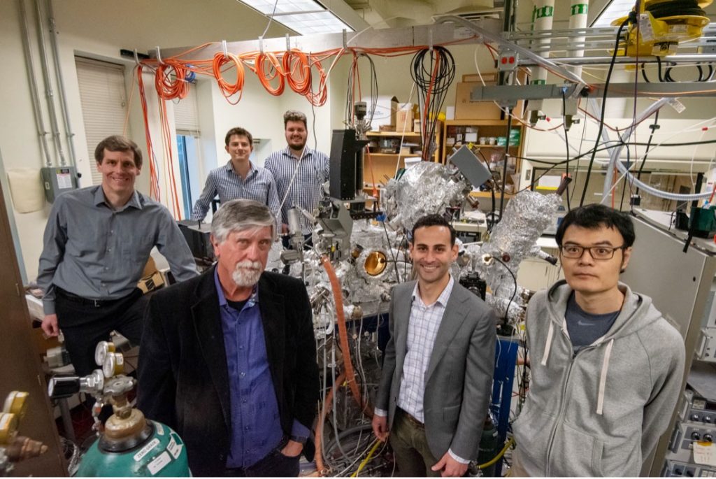 The Northwestern University team behind a study identifying how niobium silicide layers, formed during qubit fabrication, affect superconducting qubit performance. Front row, left to right: Mark Hersam, Michael Bedzyk, James Rondinelli and Xuezeng Lu. Back row: Carlos Torres-Castanedo and Dominic Goronzy. Credit: Hannah Adams Brumbaugh, Fermilab