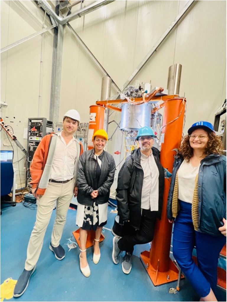 June 2024 – visiting INFN colleagues at Gran Sasso labs and touring underground facilities. SQMS worked with INFN in a joint effort to take measurements of high coherence superconducting qubits. From left to right: Alexander Romanenko, Anna Grassellino, Stefano Pirro and Laura Cardani.