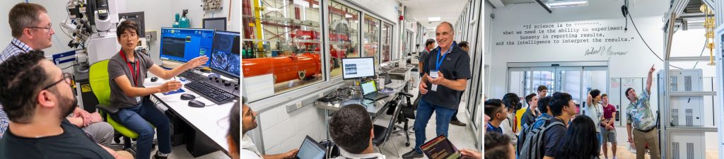 During the U.S. Quantum Information Science Summer School, afternoon sessions featured hands-on lab time focused on qubit measurements and materials characterization. Left, Jaeyel Lee points out the different components of a superconducting qubit, such as the Josephson junction and capacitor pads, in scanning electron microscope images. Center, Matthew Kramer shows students in the Materials Science Laboratory how transmission electron microscopy is used to characterize the surfaces and interfaces of superconducting qubits at the atomic scale and identify sources of decoherence. Right, Matthew Hollister explains the fundamentals of a dilution refrigerator. Photo credit: Dan Svoboda (all images) August 2023